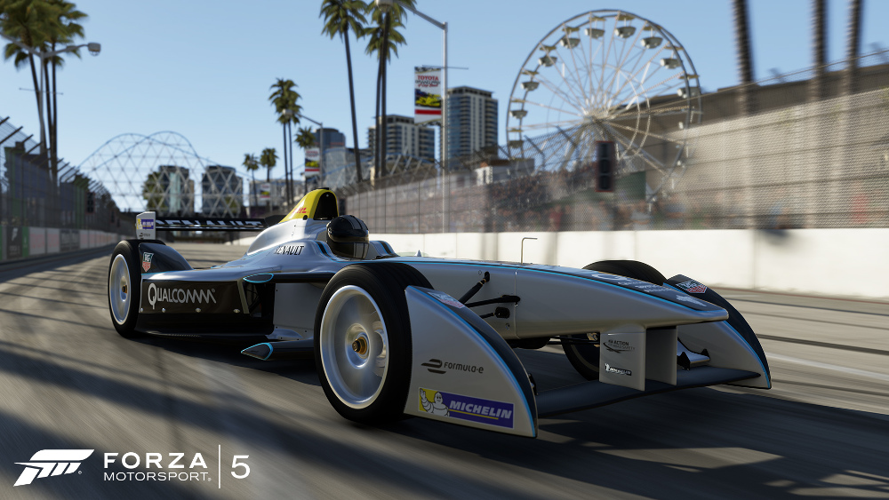 Screen shots of the Formula E car in the Forza Motorsport 5 video game.