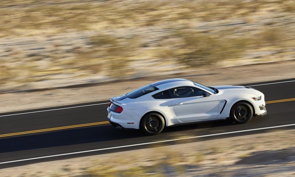 The All-new Shelby GT350 Mustang in Oxford White with a Sonic Blue stripe.